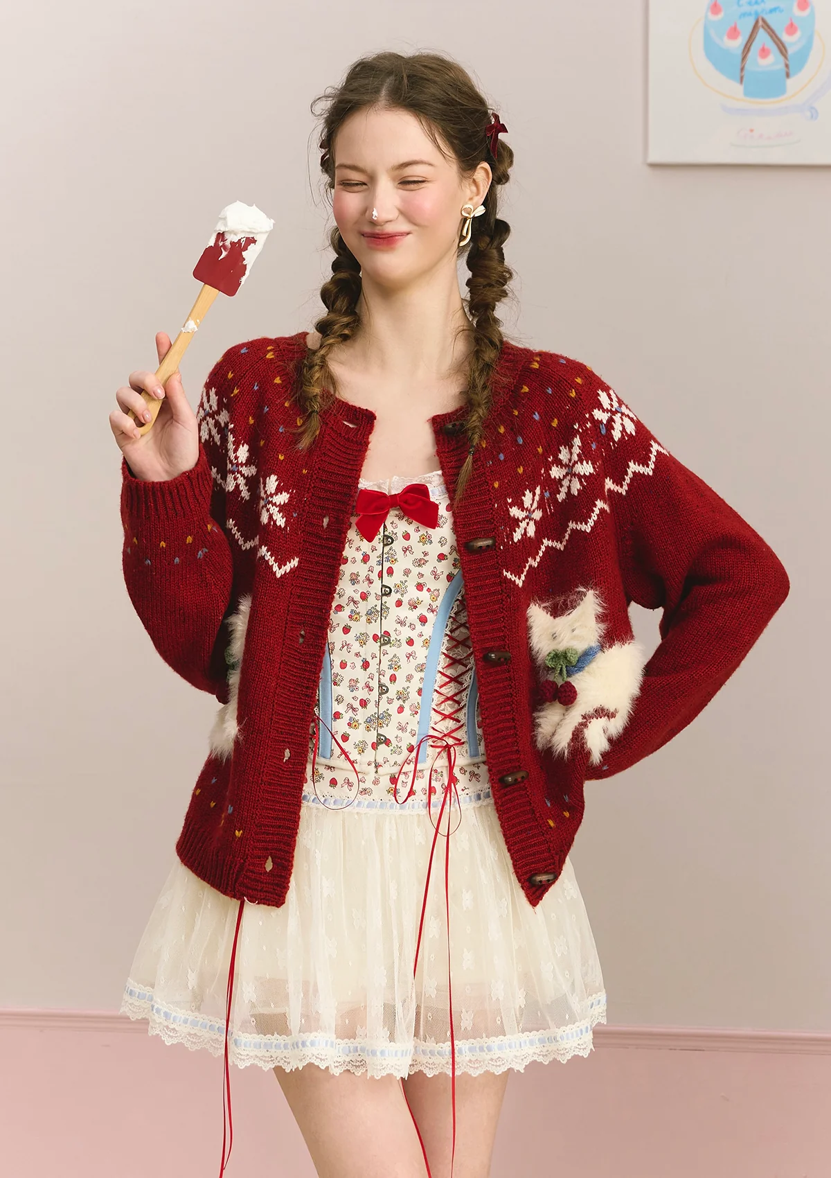 Berry Cream Kitty Knit Cardigan - Thrancidy