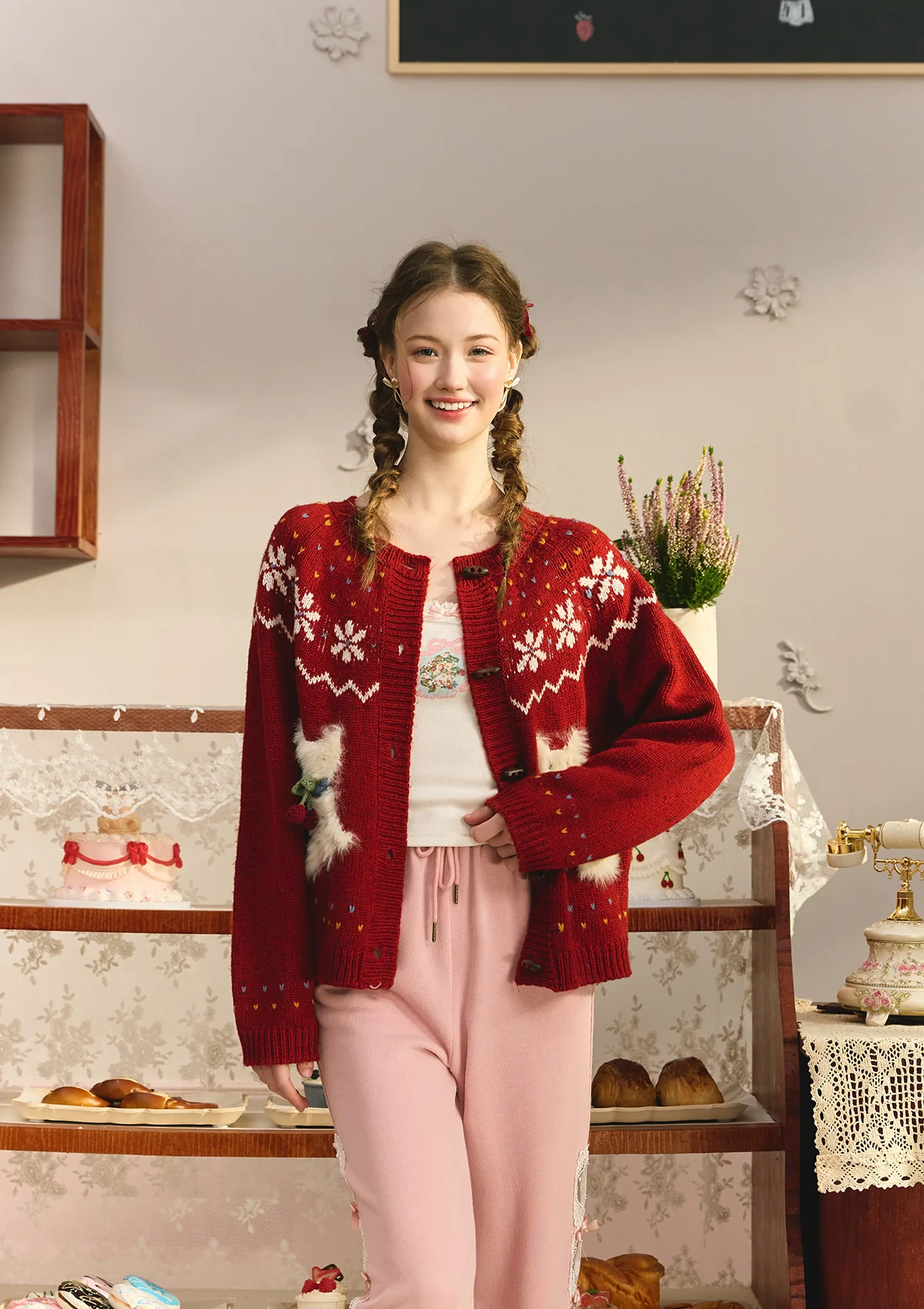 Berry Cream Kitty Knit Cardigan - Thrancidy